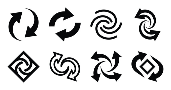 Arrow and swirl icons set for rotation refresh reload and dynamic movement in design
