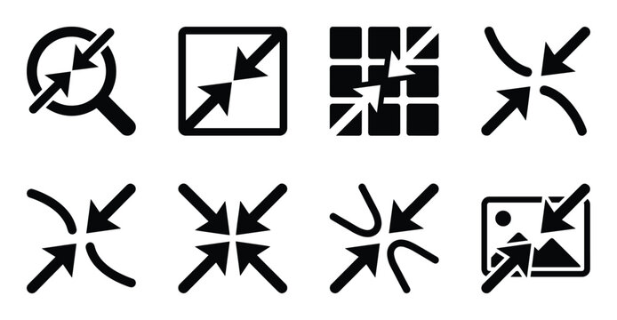 Collection of eight black zoom in and out icons on transparent background