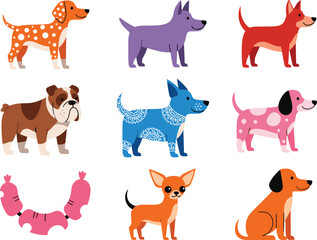 Obraz premium Colorful Dog Breeds Cartoon Icon Set Featuring Cute Puppy Characters in Flat Style for Pet Care, Animal Illustration, Kids Design, and Branding