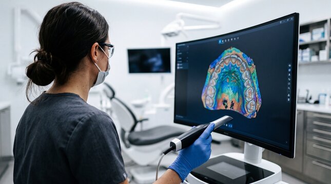 Female dentist analyzing 3D teeth scan on monitor with intraoral scanner