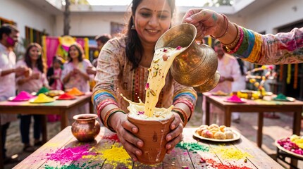 Obraz premium Woman pouring festive thandai drink into a clay cup at a Holi celebration.