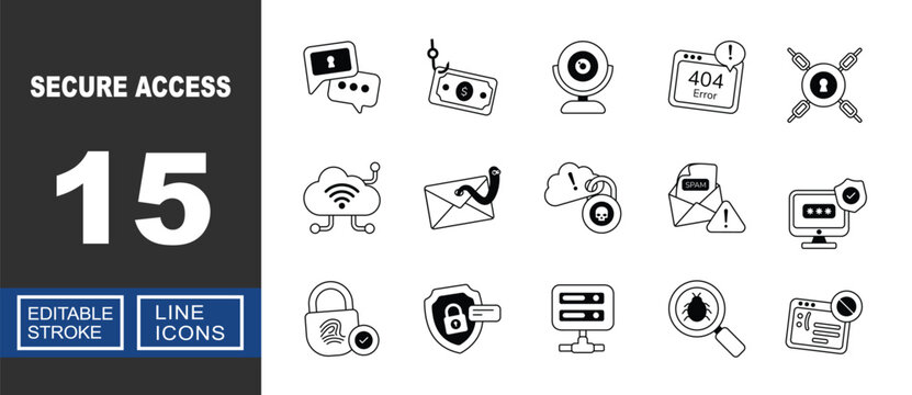 Secure Access icon set. Includes biometric protection, phishing detection, malware scanning, network security, firewall protection. Editable stroke line icons.