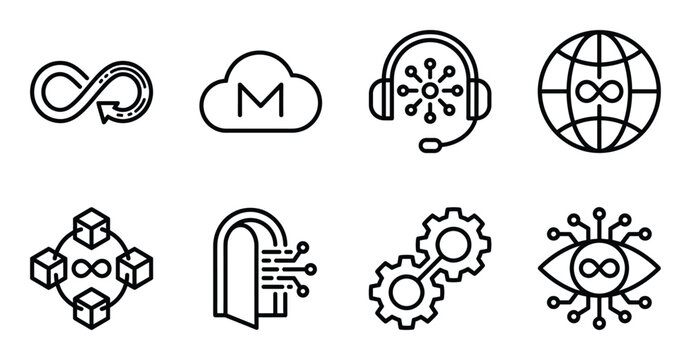 Infinite loop and cloud storage symbols, headset and globe network icons for metaverse and business