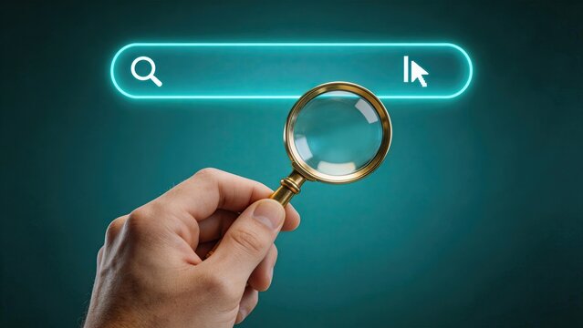 Hand holding magnifying glass under glowing search bar with cursor concept of online research data analysis digital investigation SEO optimization web browsing information finding