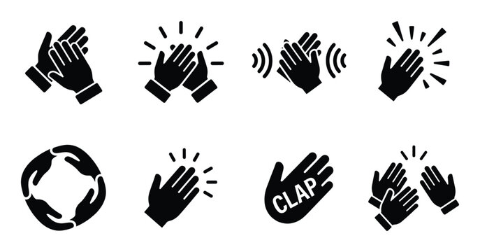 Set of clapping hands icons representing applause, success, celebration and engagement on transparent background