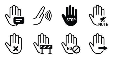 Fototapeta premium Stop and prohibition hand gesture icons with stop sign no symbol and mute message on transparent