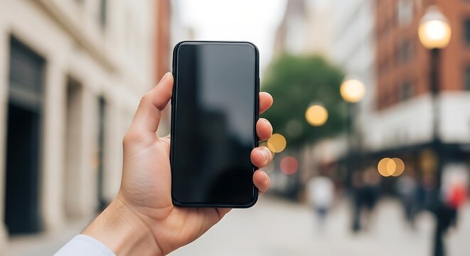 Close-up of a person's hand holding a black smartphone with a dark blank screen against a blurred urban street background.