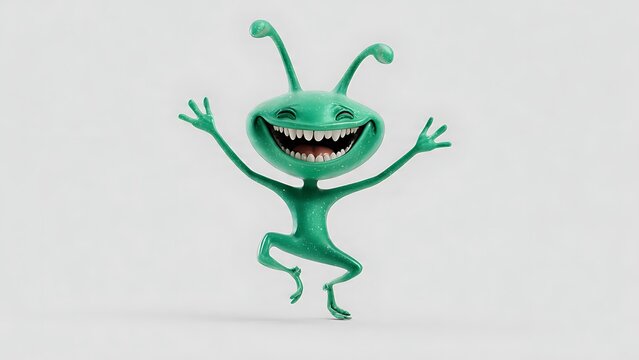 A vibrant green 3D cartoon alien joyfully jumps, arms wide, laughing against a clean white