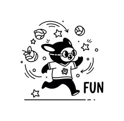 Fototapeta premium Playful fantasy being. A small creature interacts with floating objects or stars, with curved motion lines showing lively movement. A ?FUN? caption reinforces