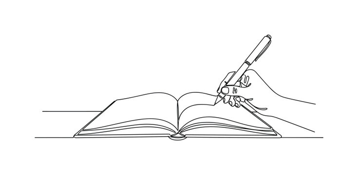 "Creative Writing Journal". Minimalistic one-line drawing an open notebook on a desk with a pen poised as if writing, continuous single black line on white