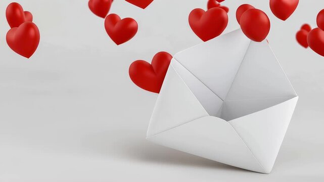 3D open envelope with red hearts on light background