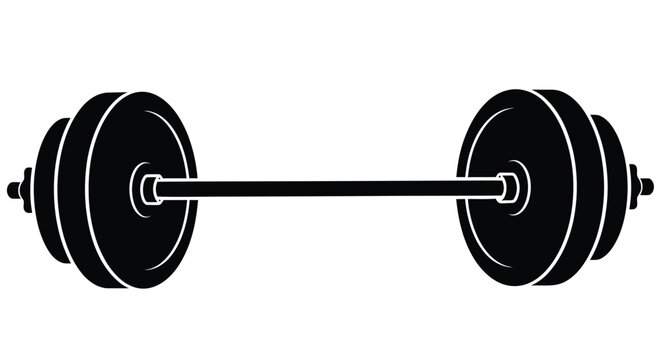 A black barbell illustration featuring weight plates and a straight metal bar