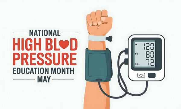 National high blood pressure education month May graphic featuring arm measurement device and digital readings.