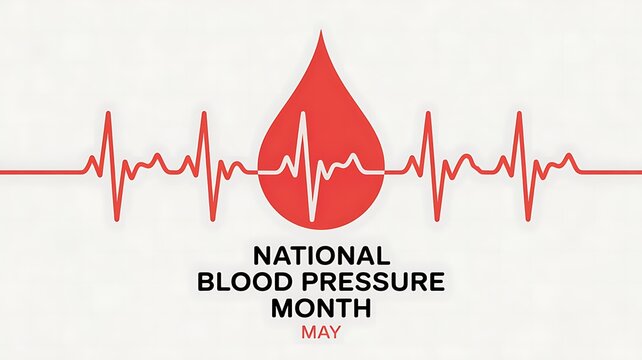 National blood pressure month May heartbeat electrocardiogram graphic with blood drop and text.