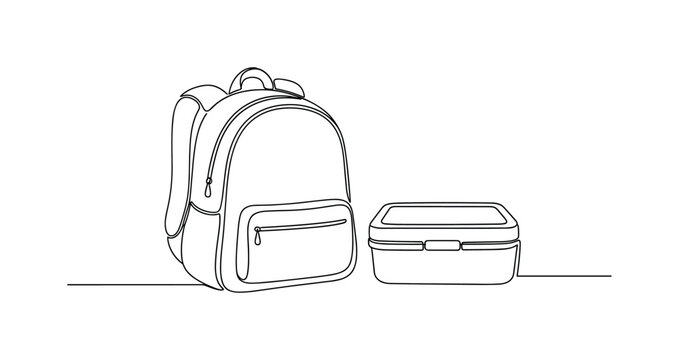 "School Day Preparation". Minimalistic one-line drawing a backpack and lunchbox positioned neatly with simple contours indicating readiness for school,