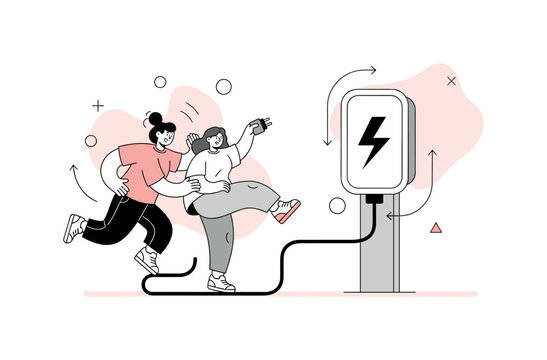 Electric charging point. A single charging unit is the focal point, with a cable extending outward and a bold lightning symbol displayed. Minimal geometric