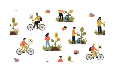 Fototapeta premium Eco lifestyle monitoring scene, seamless pattern, repeating pattern, surface design, textile print, charming composition of users checking apps, biking,