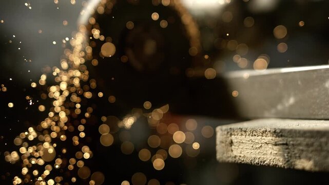 A plant is shown as it processes gold. Dust falls from the machinery and sparkles in the light. Workers focus on their tasks as the gold moves through the system.