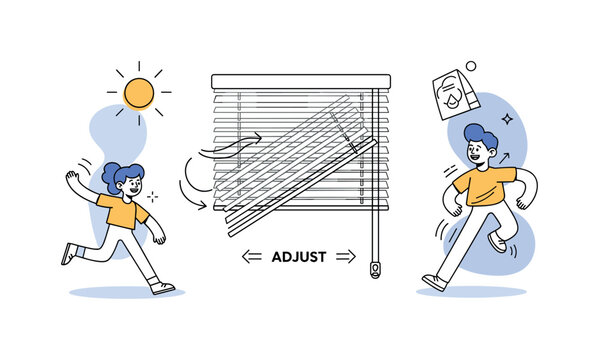 Window blinds control. A central set of blinds is adjusted with a cord, with slats tilting as light lines fade. A ?ADJUST? caption and minimal arrows highlight