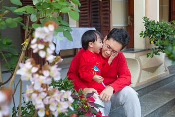 A beautiful scene of Vietnamese dad and boy in a traditional garden, symbolizing luck and prosperity with their red clothing. Photo stock © Khiem