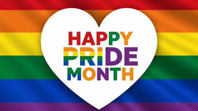 Rainbow flag with white heart and Happy Pride Month text