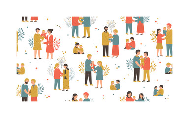 Fototapeta premium New beginnings scene, seamless pattern, repeating pattern, surface design, textile print, charming composition of couples, babies, celebrations, support