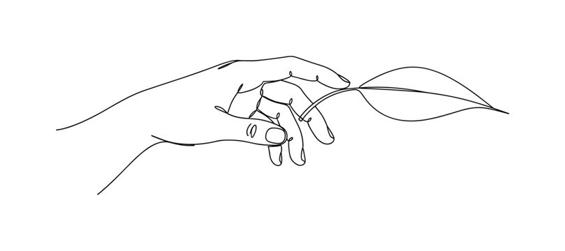 "Hand touching leaf". Minimalistic one-line drawing human hand gently reaching out to touch a single leaf with soft curves and delicate interaction, continuous
