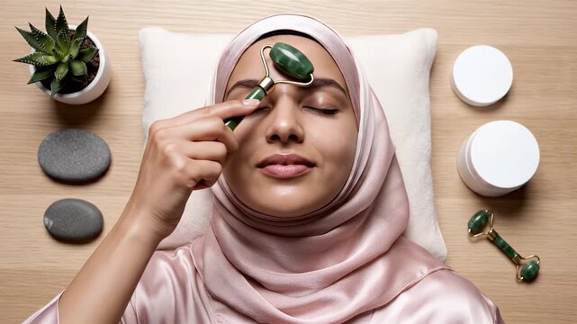 Overhead View Of A Woman With A Hijab Performing Facial Massage With A Jade Roller And Gua Sha Tools Surrounded By Skincare Products And Stones In A Serene Setting