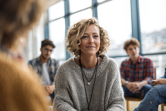 Smiling single parent woman with curly blonde hair and layered necklaces in gray knit sweater, attentively listening in sunlit community center circle