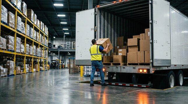 Warehouse worker loading boxes into semi truck trailer for shipping and delivery in a large industrial storage facility with shelving units
