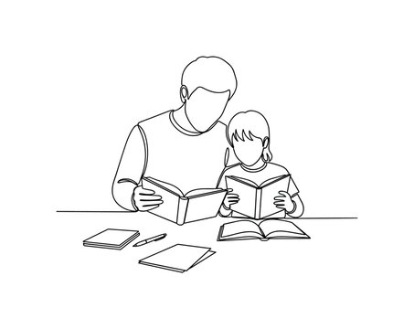 "Learning Together Moment". Minimalistic one-line drawing a parent and child seated with books and writing tools in a supportive study setting, continuous