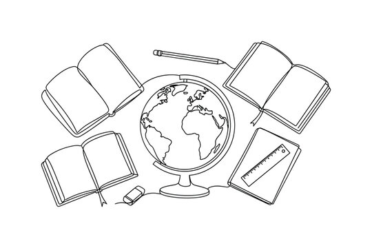 "World Study Scene". Minimalistic one-line drawing a globe centered with notebooks and simple stationery items surrounding it, continuous single black line on