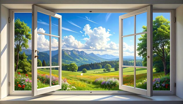 A serene landscape viewed through open window