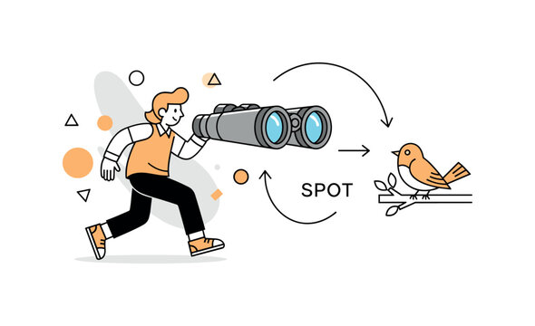 Birdwatching. A single pair of binoculars is the main focus, pointed toward a small bird perched on a branch. Subtle arrows and a ?SPOT? label emphasize