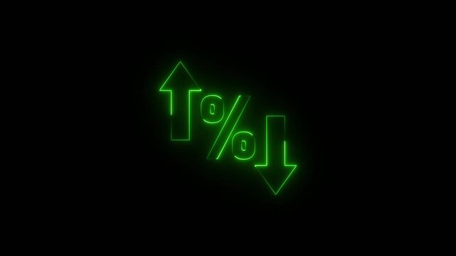 Perfect for reports and dashboards. Neon glowing percentage growth and decline icon with up and down arrows. Up and down percentage arrows icon.