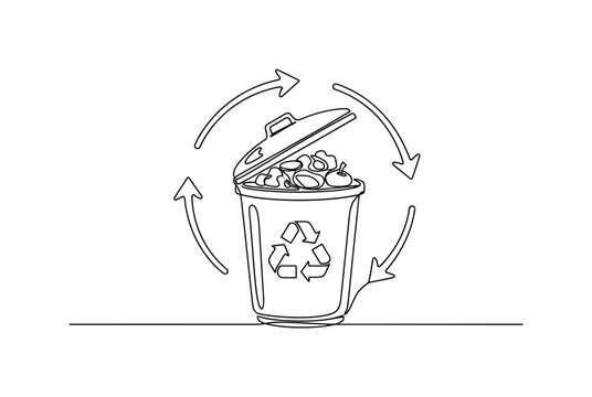 "Sustainable Garden Cycle". Minimalistic one-line drawing a compost bin with arrows suggesting transformation of food scraps into soil, continuous single black