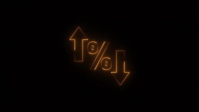 Perfect for reports and dashboards. Neon glowing percentage growth and decline icon with up and down arrows. Up and down percentage arrows icon.