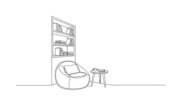"Quiet Study Nook". Minimalistic one-line drawing a corner with shelves, books, and a cozy chair arranged for focused reading, continuous single black line on