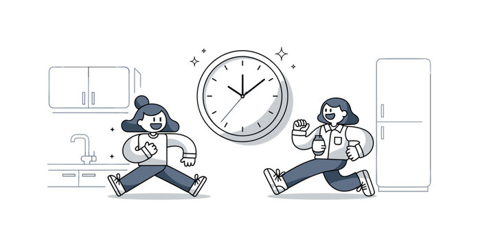 Minimal kitchen wall clock. A clean, modern clock sits centered as the main object, with simple geometric cabinets hinted in the background. Tiny sparkles and