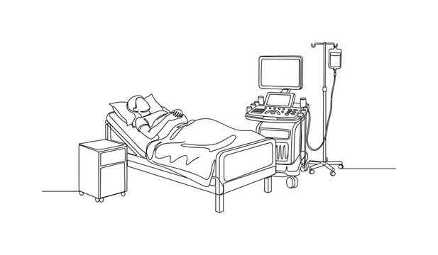 "Prenatal Care Setup". Minimalistic one-line drawing a patient on a bed with ultrasound equipment and simple medical environment elements, continuous single