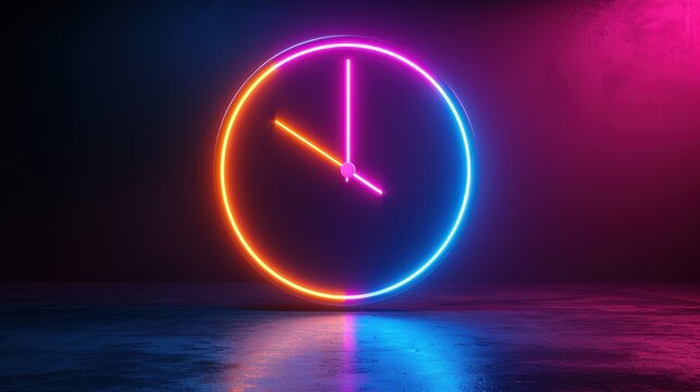 Minimalist Neon Clock Glowing In Dark Cyberpunk Futuristic Studio Background