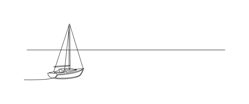 "Sailing boat on calm sea horizon". Minimalistic one-line drawing small sailboat with single mast floating on smooth sea with distant horizon line, continuous