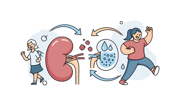 Kidney filtration process. One central kidney shape is highlighted, with tiny particles being separated into clean and waste streams. Curved arrows and