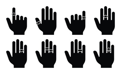 Obraz premium Hand ring position icon set showing different finger placements for jewelry and wedding band styles