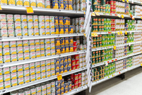 Villa de Alvarez, Colima. Mexico. March 6, 2026: Supermarket Shelves Filled with Canned Goods, Food, and Groceries