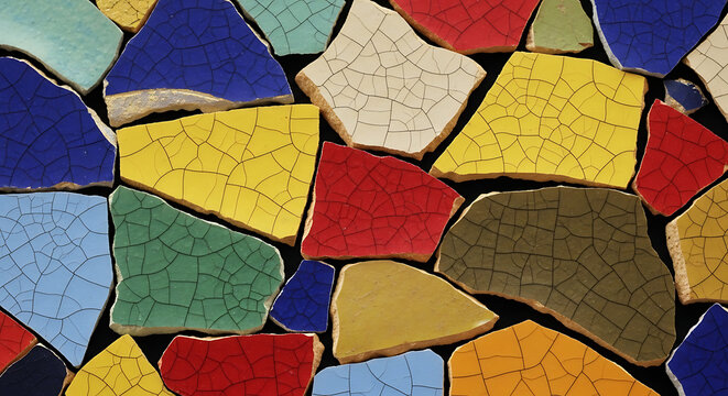 Assortment of colorful broken ceramic tile pieces with interior design