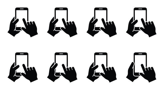 Hands holding smartphones and touching screen with finger cursor pointing cursor