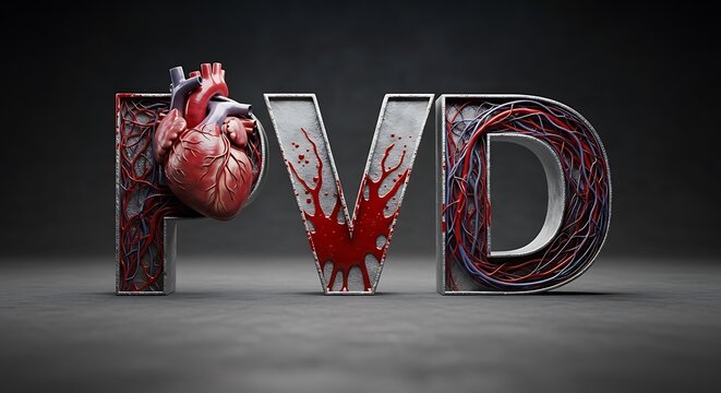 3D rendered acronym "PVD" with a heart and vascular details, highlighting the topic