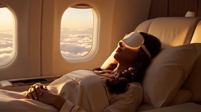 Woman Sleeping Comfortably in First Class Airplane Cabin During Golden Hour Sunset Above Clouds Cozy Luxury Travel Experience