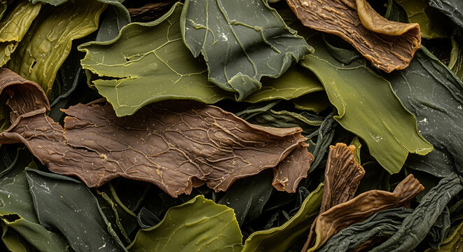 Close-up of dried green and brown seaweed leaves with food ingredient